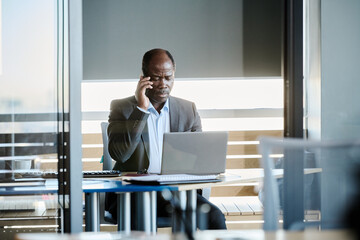 Poster - Mature director of company looking through online resume of applicant while sitting in front of laptop and arranging appointment with him