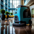 Cleaning machine in empty office lobby. Generative Ai