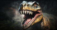 Aggressive Tyrannosaurus Rex Dinosaur Head Close Up Of A Dinosaur With Teeth In The Jungle. Image Created With Generative Ai