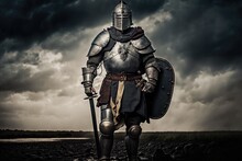 Defiance In The Face Of Danger - The Medieval Knight Of Europe On The Battlefield Generative AI	