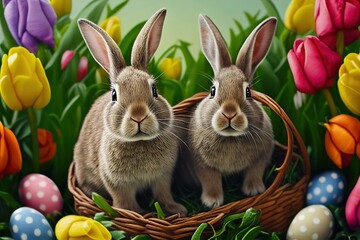 Wall Mural - Two easter bunnies in a basket with tulips and  colorful eggs