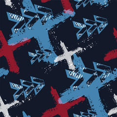 Abstract seamless grunge arrow pattern. Grungy geometric repeat print for sport textile, fashion clothes, wrapping paper. Cross sign and stripes endless ornament. Blue, black and red color background