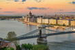 Budapest Hungary, sunset city skyline at Danube River with Chain Bridge and Hungarian Parliament