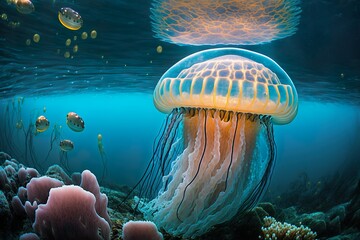 Underwater world Jellyfish, medusa. Generative AI