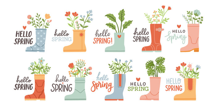 hello spring. cute rain boots set with flowers plants. hand drawn spring print, card, poster. hand w
