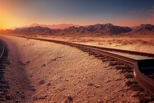 Old Rail Tracks To Abandoned Gold Mine On Desert Photo Wallpaper Generative AI