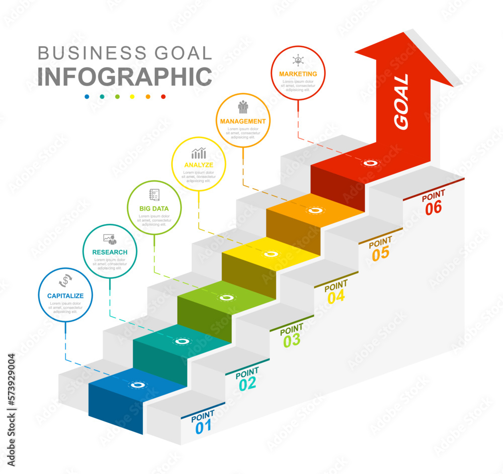 Infographic business template. 6 Steps Modern Stair diagram with arrow ...