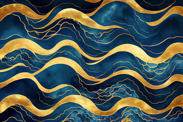 Wall Mural - Sea waves pattern abstract background, blue and gold waves texture, imitation of watercolor painting created with Generative AI technology