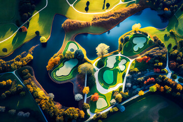 Wall Mural - Top View Of The Golf Course.  Aerial view of green grass and trees on a golf field.  Generative AI.