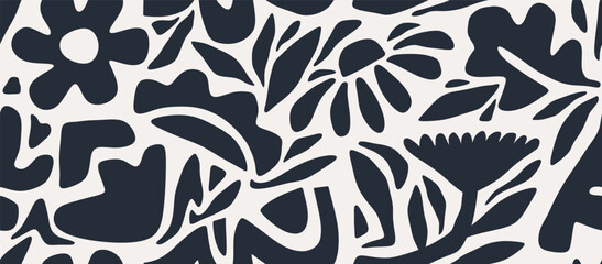 Hand drawn minimal abstract organic shapes seamless pattern, leaves and flowers.
