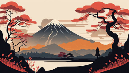 Japan - Minimalistic flat design landscape illustration. Image for a wallpaper,  background,  postcard or poster. Generative AI