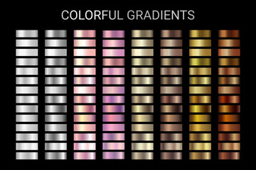 Wall Mural - shiny gold, bronze, beige, rose gold gradient vector colorful swatches texture set. chrome metal col
