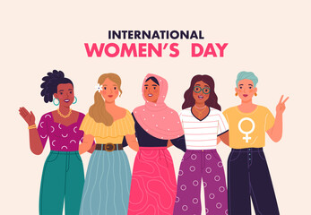 Wall Mural - International Women's Day banner concept. Vector illustration in a trendy flat style of five happy smiling diverse young women who stand together in an embrace. Isolated on background