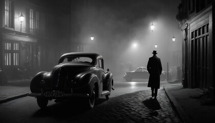 Monochrome film detective illustration with vintage cars, black and white noir detective