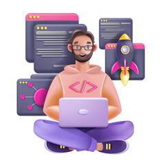 3D programmer male character, vector cartoon young webdesign freelancer, python code sign, laptop. Remote technology worker, young sitting man student studying UX. 3D programmer engineer illustration