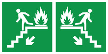 Emergency Fire Exit Downwards Stairs, Fire Escape Route Signs, Vector Illustration