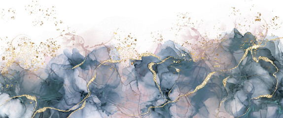 abstract background drawn with alcohol ink technique, liquid painting supplemented with gold ornamen