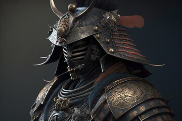 Wall Mural - Gloomy samurai warrior with armor, black background. Generative AI