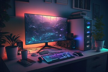 Wall Mural - Gamer room with setup, gamer pc, gradient background. Generative AI