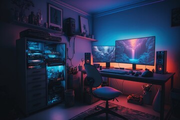 Gamer room with setup, gamer pc, gradient background. Generative AI