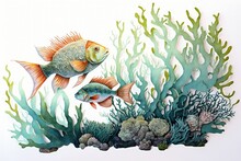 Fish And Coral Illustration On White Background, Painting Style. Generative AI