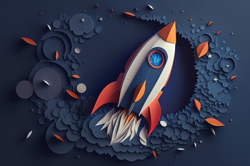 Rocket made from paper cutout, startup concept, blue background. Generative AI	