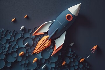 Wall Mural - rocket made from paper cutout, startup concept, blue background. generative ai