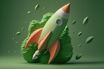 Wall Mural - rocket made from paper cutout, startup concept, green background. generative ai