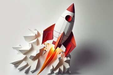 Wall Mural - rocket made from paper cutout, startup concept, white background. generative ai