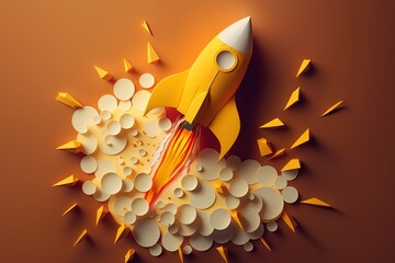 Wall Mural - rocket made from paper cutout, startup concept, yellow background. generative ai