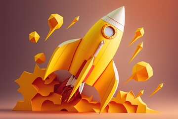 Wall Mural - rocket made from paper cutout, startup concept, yellow background. generative ai