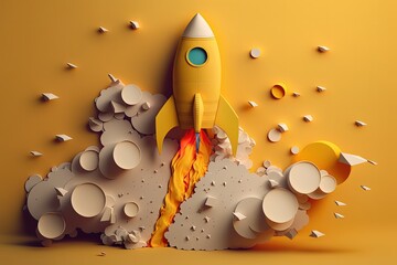 Wall Mural - rocket made from paper cutout, startup concept, yellow background. generative ai