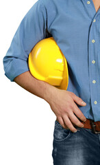 Wall Mural - Worker man with helmet on white background