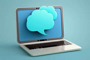 Speech bubble on laptop screen, blue background. Generative AI