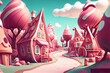 ai midjourney generated fantasy illustration of a small cute candy village. Generative AI