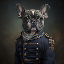 A Portrait Of A Dog Wearing Historic Military Uniform. French Bulldog Portrait In Clothing.