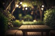 Empty Wooden Patio Table Backdrop with Blurred Outside Garden at Night (Created with Generative AI)