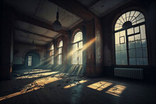 Illustration Of An Abandoned, Dilapidated Building With Huge Windows Through Which The Sun's Rays Shine. Empty Space Of An Old Hotel Or Warehouse. Industrial Interior. Generative AI.