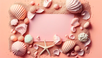 Composition of shells and sand. A pink pastel card in the middle. Frame mockup with copy space. Generative AI.