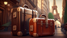 Holiday In Paris. Elegant Leather Bags Stand In The Foreground. Historic Tenement Houses With The Eiffel Tower In Blurred Background. Holiday Idea. Travel Agency Ad Illustration Banner. Generative AI.
