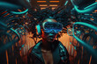 © ADDICTIVE STOCK - Generative AI illustration black woman exploring cyberspace in VR glasses
