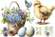 Watercolor Easter Elements Collection.White Egg And Blue Flowers. Baby Chick Bird.vintage Water Can.Bunny With Basket. Spring Easter Postcard Illustration.Farmhouse. Countryside Clipart. Generative AI