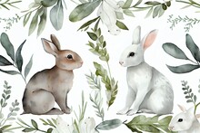 Watercolor Seamless Pattern With Cute White Rabbits And Leaves. Wild Animals. Eucalyptus. Flowers. Handdrawn Adorable Hare. Branch. Plants. Springtime Background. Generative AI
