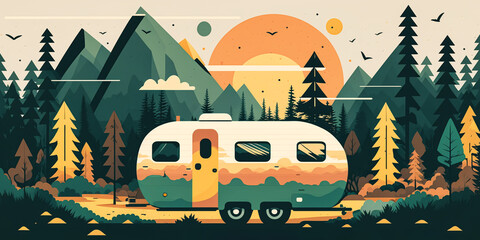 Wall Mural - Abstract painting concept. Colorful art of a travel camping and hiking concept. Illustration in flat design. Generative AI.