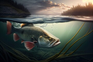 Wall Mural - Salmon swimming under water, with landscape above the surface - AI Generated