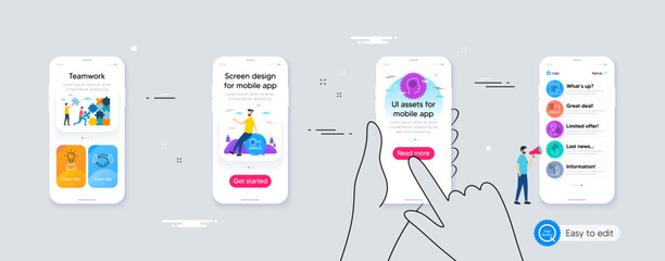 Set of Swipe up, Computer fingerprint and Handshake line icons. Phone ui interface. Include Brand ambassador, Leadership, Person idea icons. Work home, Education, Recruitment web elements. Vector
