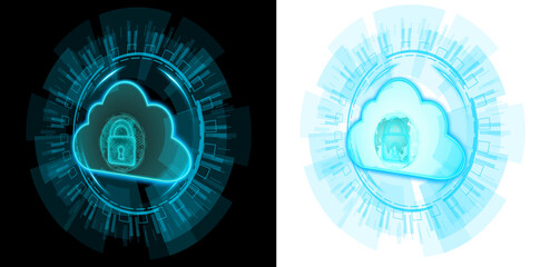 futuristic cloud with lock for security with blue hud circle transparent background