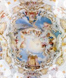 Wies, Germany. Ceiling of the Pilgrimage Church of Wies (Wieskirche), an oval rococo church located in the foothills of the Alps, Bavaria. A World Heritage Site