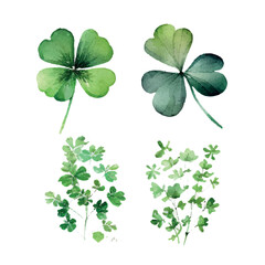 Poster - Clover leaves set - quarterfoil and trefoil. Watercolor vector illustration. Patricks Day design element.