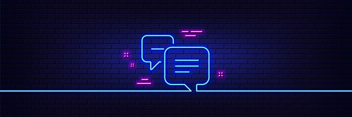 Poster - Neon light glow effect. Dots message line icon. Chat comment sign. Speech bubble symbol. 3d line neon glow icon. Brick wall banner. Dots message outline. Vector